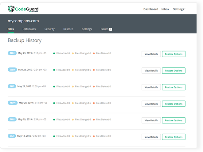 Screenshot of a website’s backup history as seen through the user dashboard.
