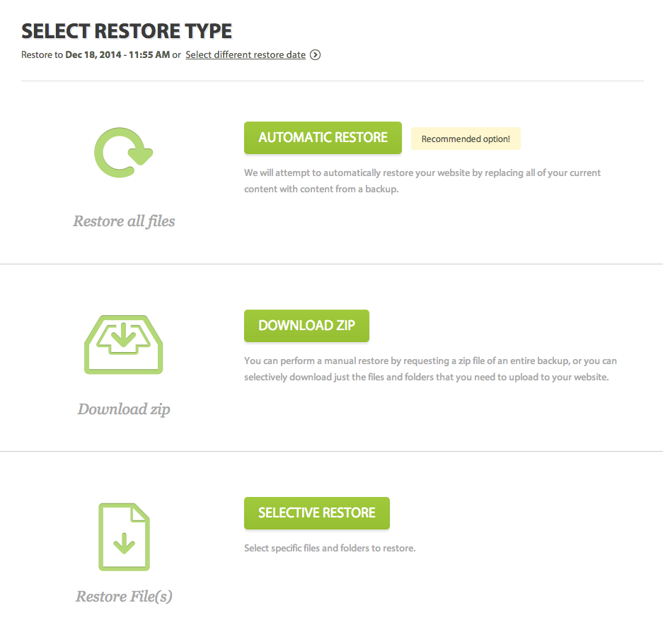 This screenshot from the user dashbaord shows the different restore options that are available to you upon initiating a restore. You can either perform an automatic one-click restore, a manual zip restore, or restore individual files by name.
