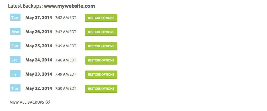 Screenshot of website backup history, including links with restore options for each individudal backup.